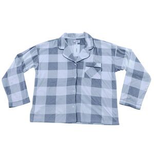 Cozy‎ Buffalo Check Flannel Pajama Top Button-Down Long Sleeve Grey White